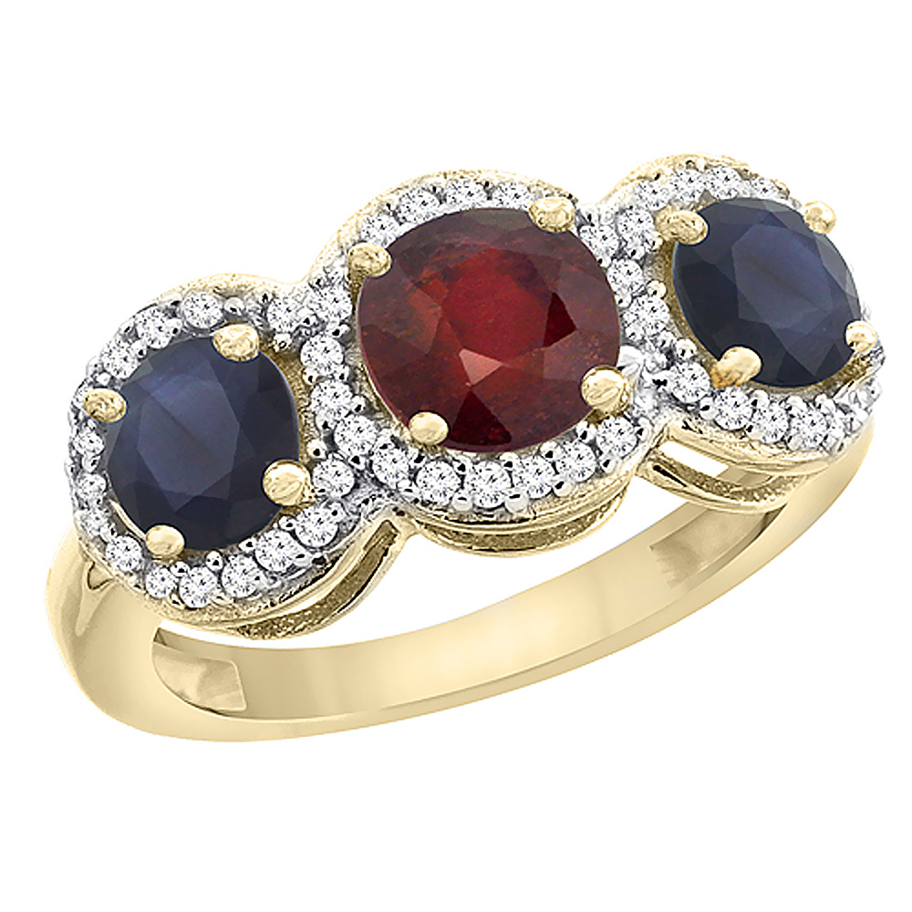 14K Yellow Gold Enhanced Ruby &amp; High Quality Blue Sapphire Sides Round 3-stone Ring Diamond Accents, sizes 5 - 10
