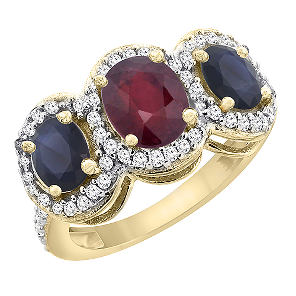 14K Yellow Gold Natural Quality Ruby &amp; Blue Sapphire 3-stone Mothers Ring Oval Diamond Accent, size5 - 10