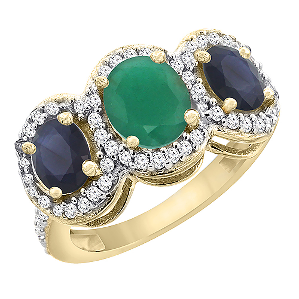 14K Yellow Gold Natural Emerald &amp; Quality Blue Sapphire 3-stone Mothers Ring Oval Diamond Accent,sz5 - 10