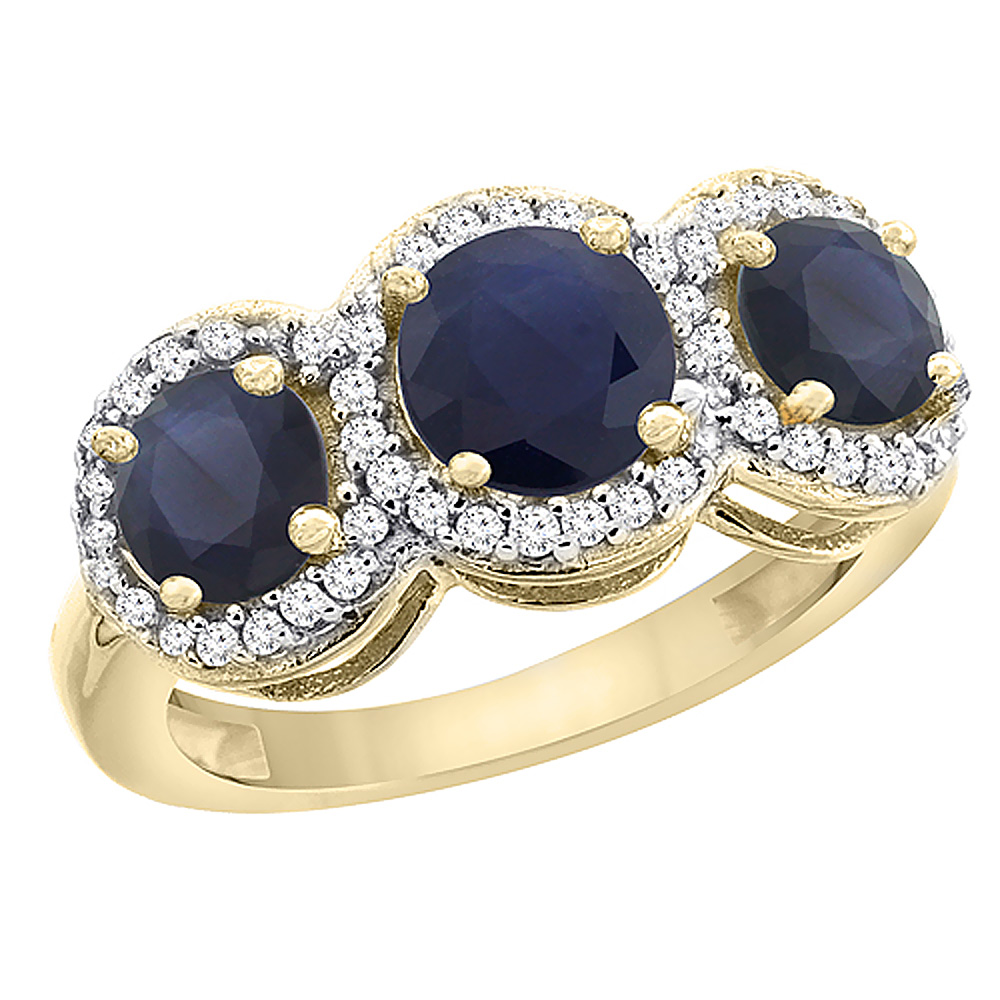 14K Yellow Gold Natural High Quality Blue Sapphire Round 3-stone Ring Diamond Accents, sizes 5 - 10