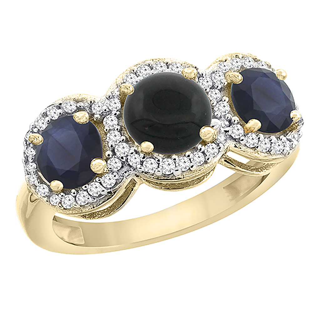 10K Yellow Gold Natural Black Onyx & High Quality Blue Sapphire Sides Round 3-stone Ring Diamond Accents, sizes 5 - 10