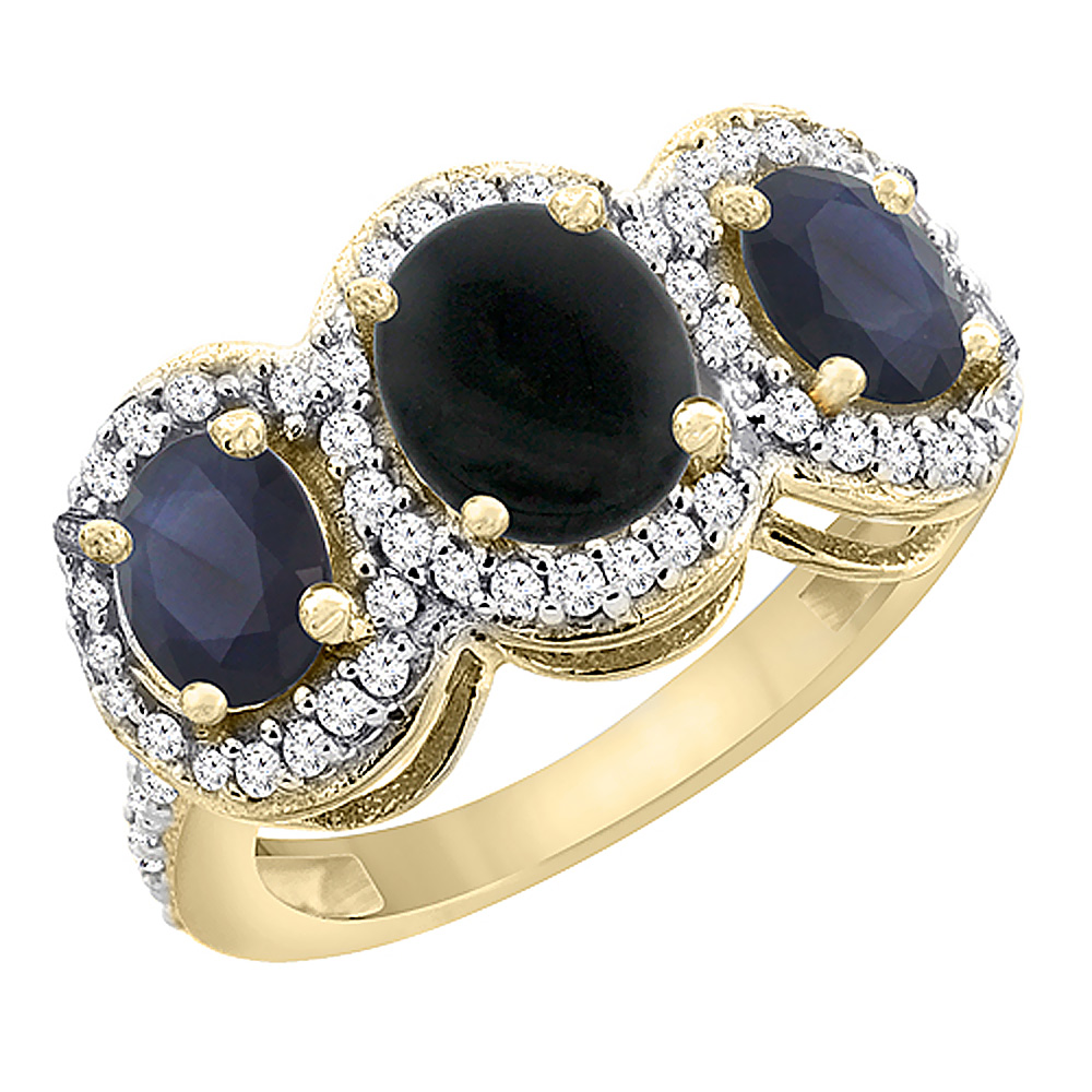10K Yellow Gold Diamond Natural Black Onyx 7x5mm & 6x4mm Quality Blue Sapphire Oval 3-stone Ring,sz5-10