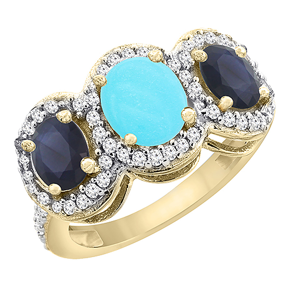 14K Yellow Gold Natural Turquoise & Quality Blue Sapphire 3-stone Mothers Ring Oval Diamond Accent,sz5-10