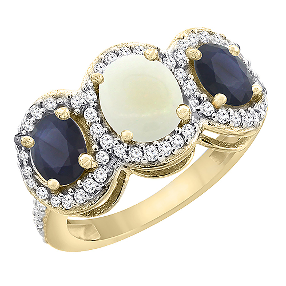 14K Yellow Gold Natural Opal & Quality Blue Sapphire 3-stone Mothers Ring Oval Diamond Accent, size5 - 10
