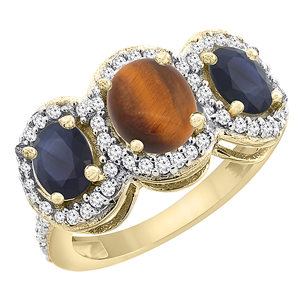 10K Yellow Gold Natural Tiger Eye &amp; Quality Blue Sapphire 3-stone Mothers Ring Oval Diamond Accent,sz5-10