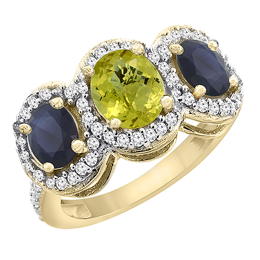 10K Yellow Gold Diamond Natural Lemon Quartz 7x5mm &amp; 6x4mm Quality Blue Sapphire Oval 3-stone Ring,sz5-10