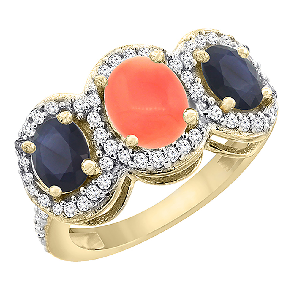 10K Yellow Gold Natural Coral &amp; Quality Blue Sapphire 3-stone Mothers Ring Oval Diamond Accent, sz5 - 10