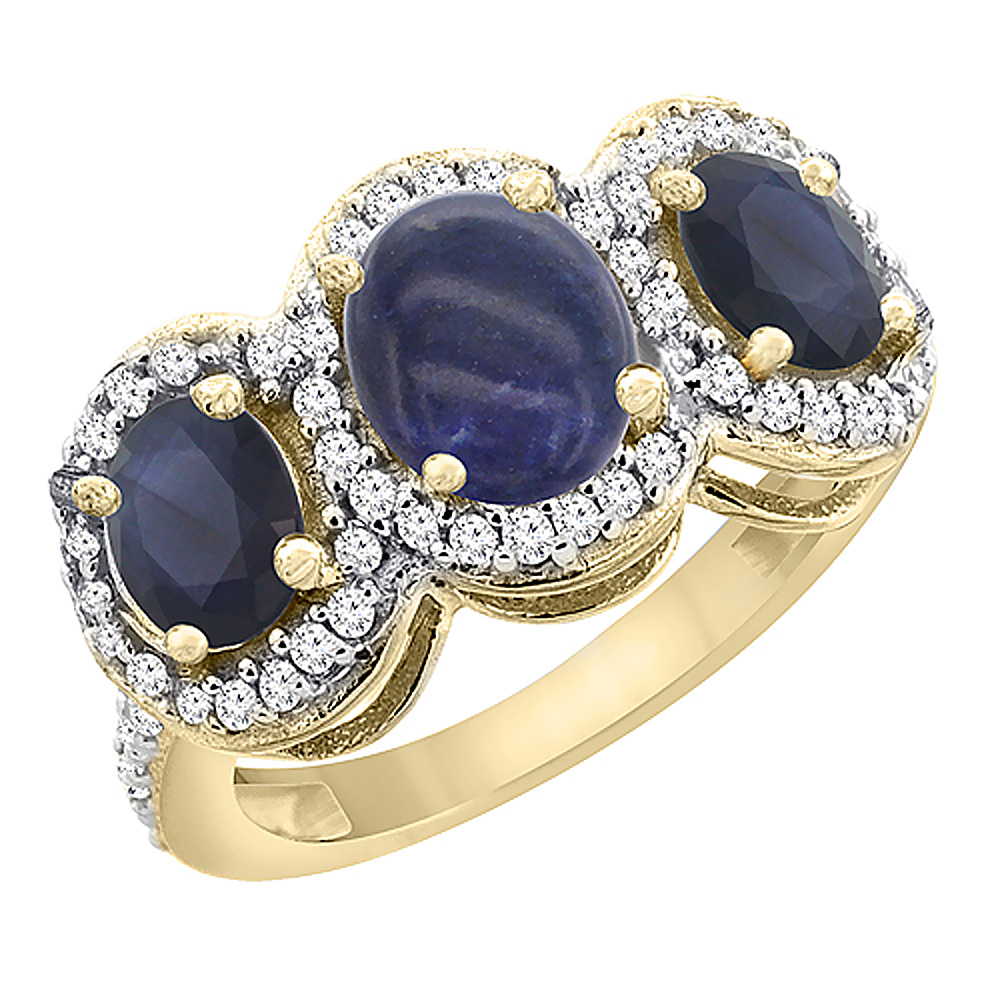 10K Yellow Gold Natural Lapis &amp; Quality Blue Sapphire 3-stone Mothers Ring Oval Diamond Accent, sz5 - 10