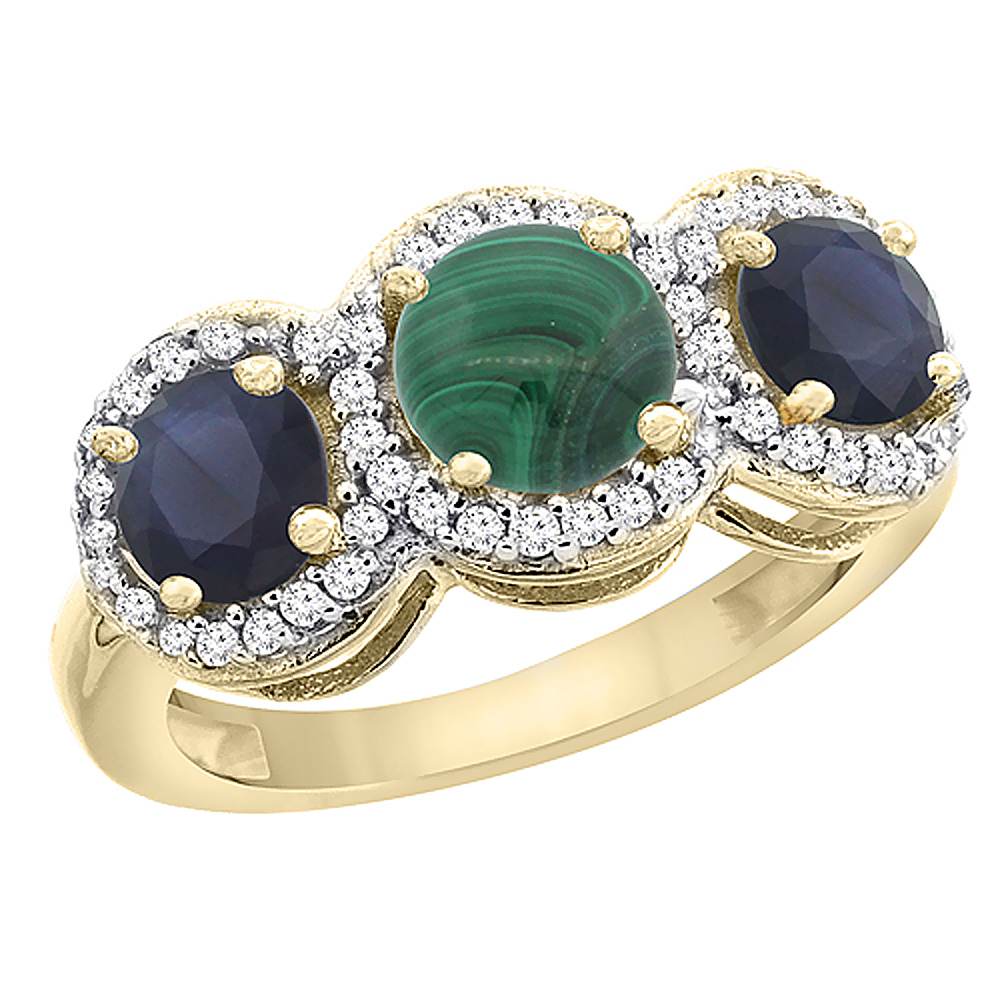 10K Yellow Gold Natural Malachite &amp; High Quality Blue Sapphire Sides Round 3-stone Ring Diamond Accents, sizes 5 - 10