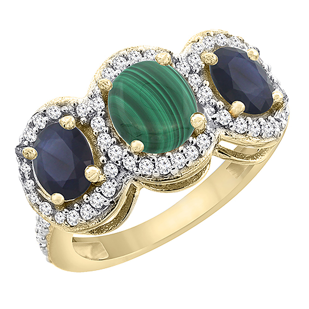 14K Yellow Gold Natural Malachite &amp; Quality Blue Sapphire 3-stone Mothers Ring Oval Diamond Accent,sz5-10
