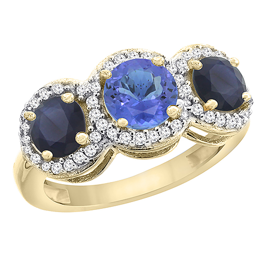 10K Yellow Gold Natural Tanzanite & High Quality Blue Sapphire Sides Round 3-stone Ring Diamond Accents, sizes 5 - 10