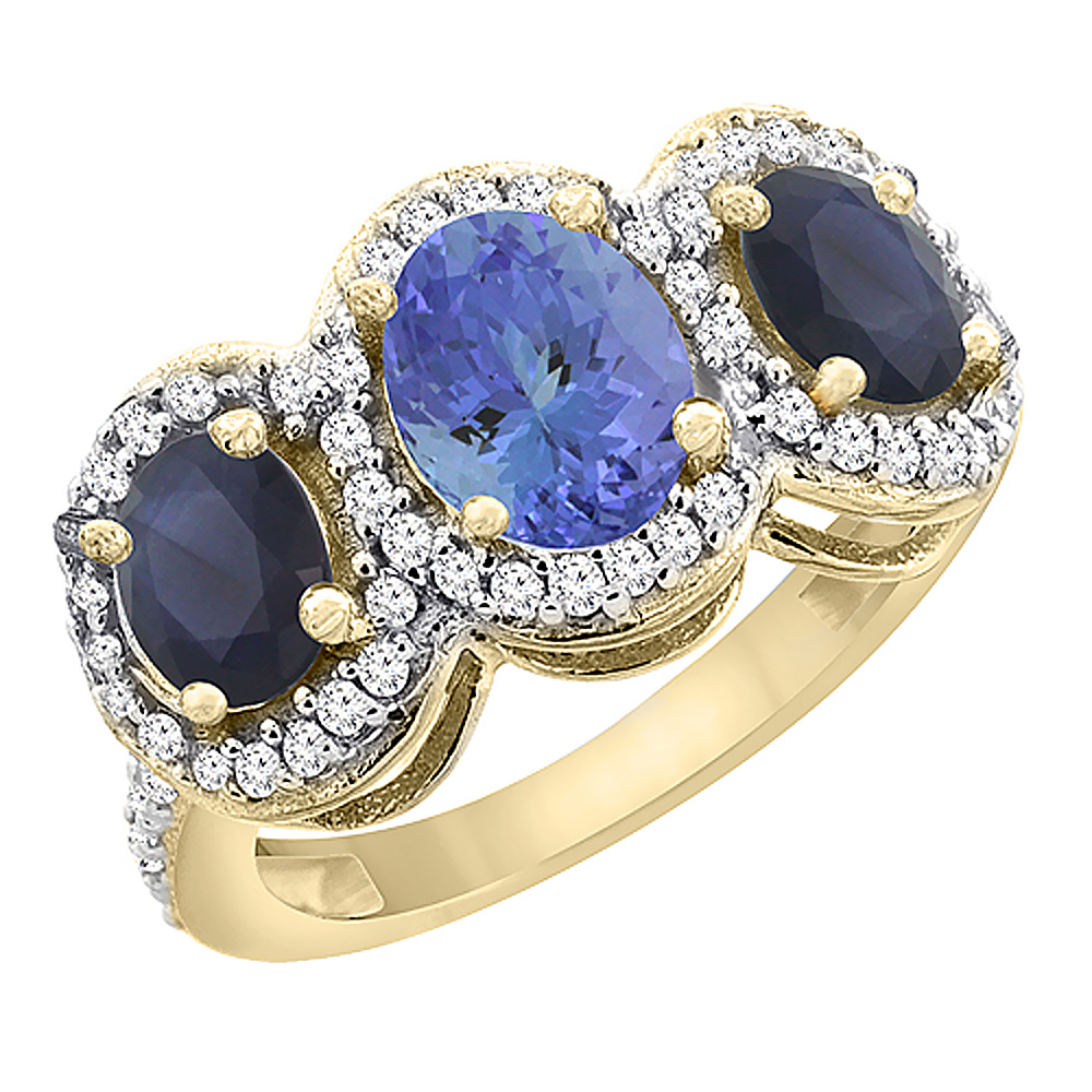 10K Yellow Gold Natural Tanzanite & Quality Blue Sapphire 3-stone Mothers Ring Oval Diamond Accent,sz5-10