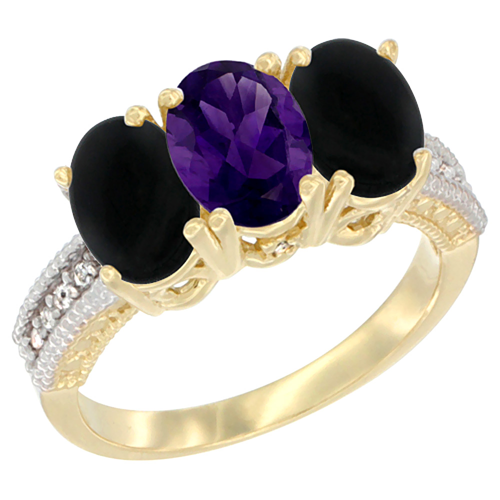14K Yellow Gold Natural Amethyst & Black Onyx Sides Ring 3-Stone 7x5 mm Oval Diamond Accent, sizes 5 - 10