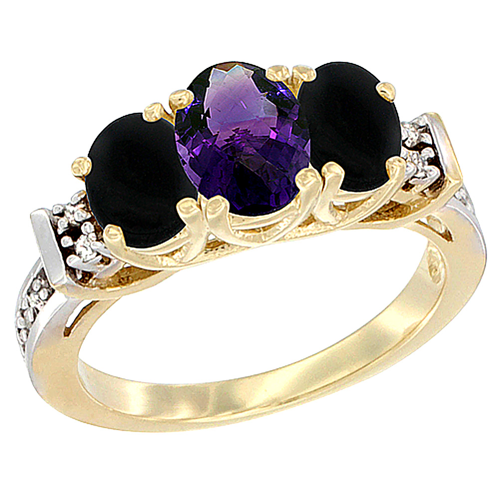 14K Yellow Gold Natural Amethyst &amp; Black Onyx Ring 3-Stone Oval Diamond Accent