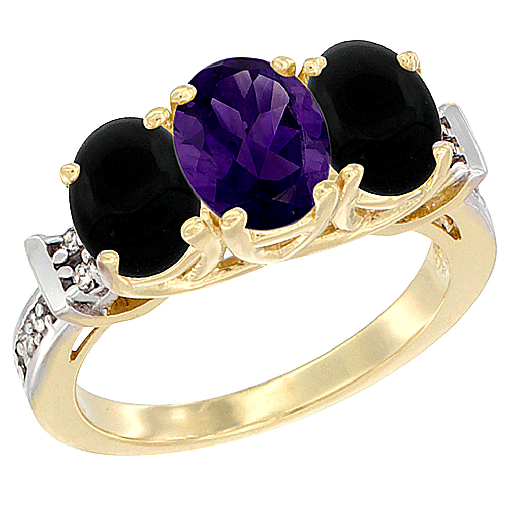 14K Yellow Gold Natural Amethyst & Black Onyx Sides Ring 3-Stone Oval Diamond Accent, sizes 5 - 10
