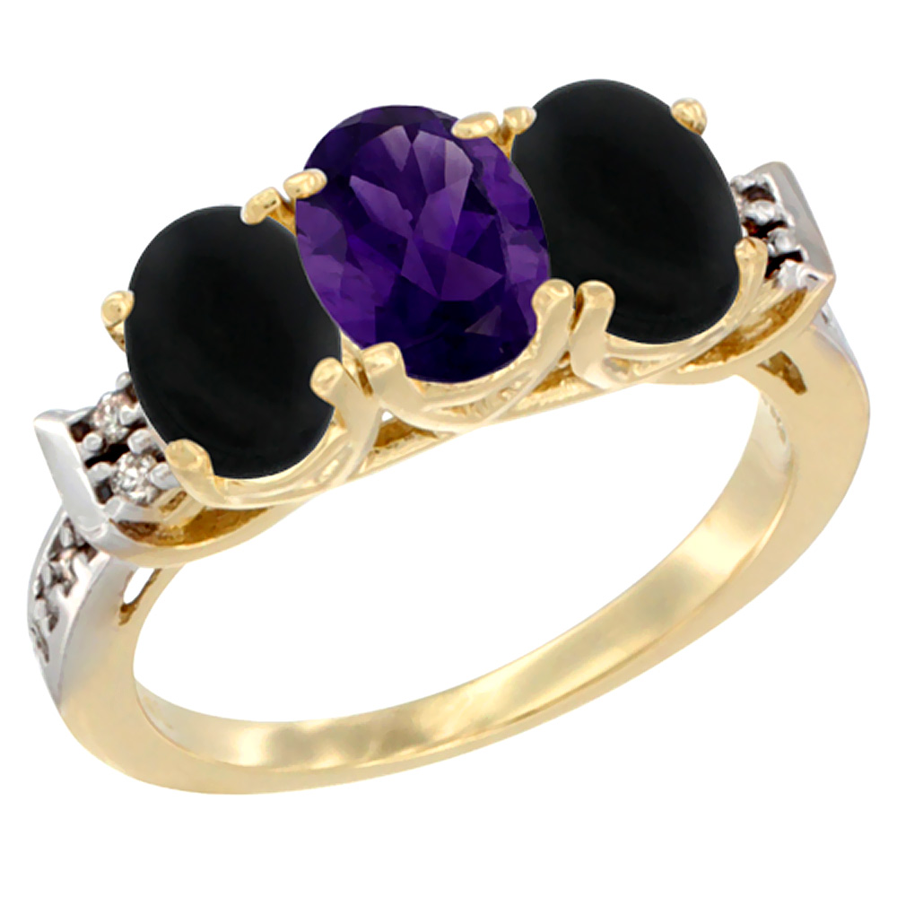 10K Yellow Gold Natural Amethyst &amp; Black Onyx Sides Ring 3-Stone Oval 7x5 mm Diamond Accent, sizes 5 - 10