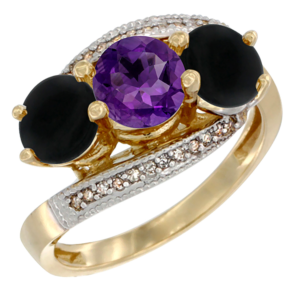 14K Yellow Gold Natural Amethyst & Black Onyx Sides 3 stone Ring Round 6mm Diamond Accent, sizes 5 - 10