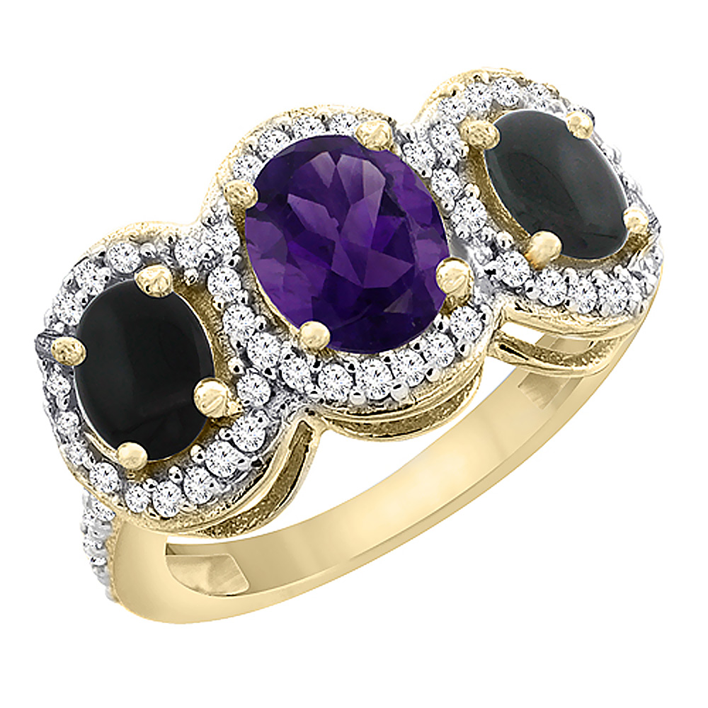 14K Yellow Gold Natural Amethyst &amp; Black Onyx 3-Stone Ring Oval Diamond Accent, sizes 5 - 10