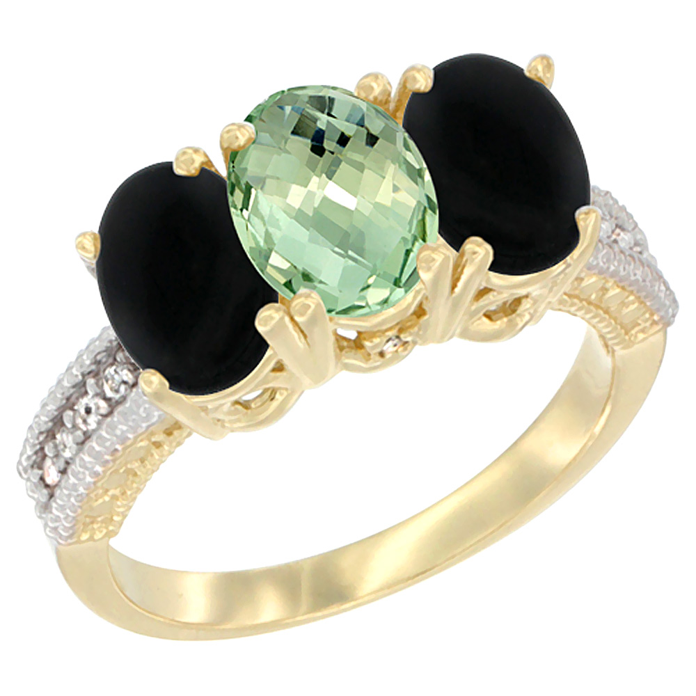 14K Yellow Gold Natural Green Amethyst &amp; Black Onyx Sides Ring 3-Stone 7x5 mm Oval Diamond Accent, sizes 5 - 10