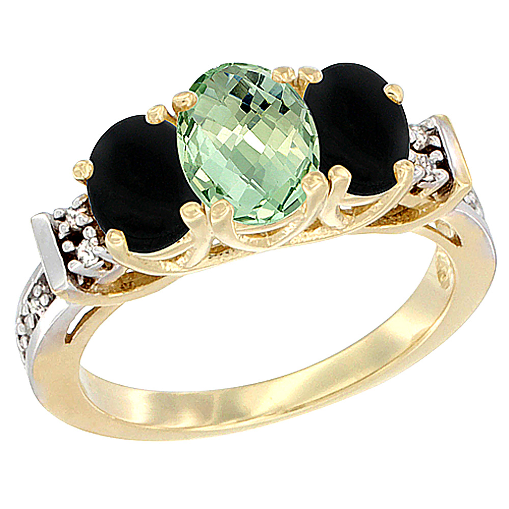 14K Yellow Gold Natural Green Amethyst &amp; Black Onyx Ring 3-Stone Oval Diamond Accent