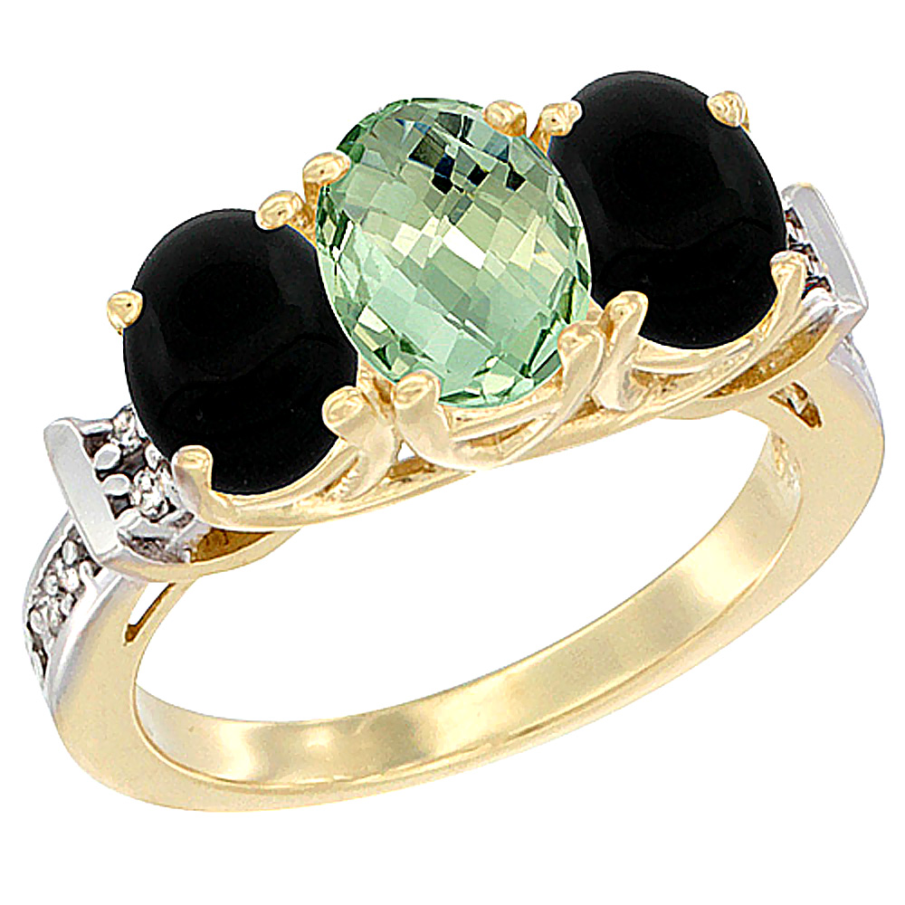 10K Yellow Gold Natural Green Amethyst & Black Onyx Sides Ring 3-Stone Oval Diamond Accent, sizes 5 - 10