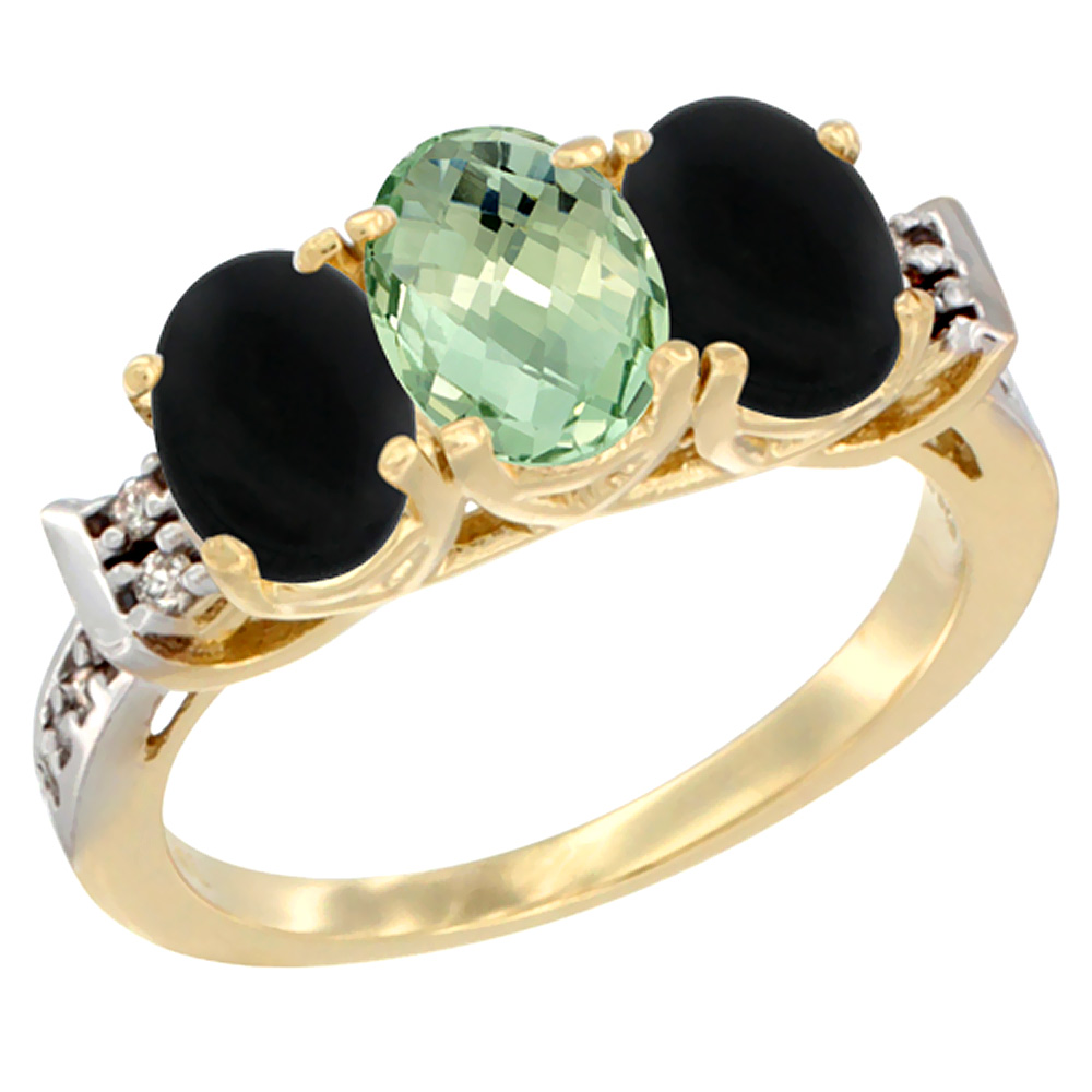 14K Yellow Gold Natural Green Amethyst & Black Onyx Sides Ring 3-Stone Oval 7x5 mm Diamond Accent, sizes 5 - 10