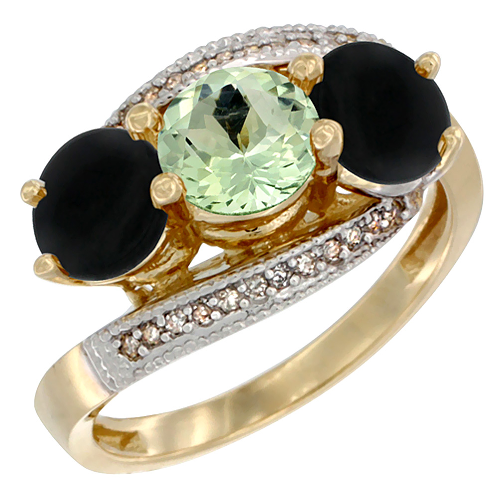 10K Yellow Gold Natural Green Amethyst & Black Onyx Sides 3 stone Ring Round 6mm Diamond Accent, sizes 5 - 10