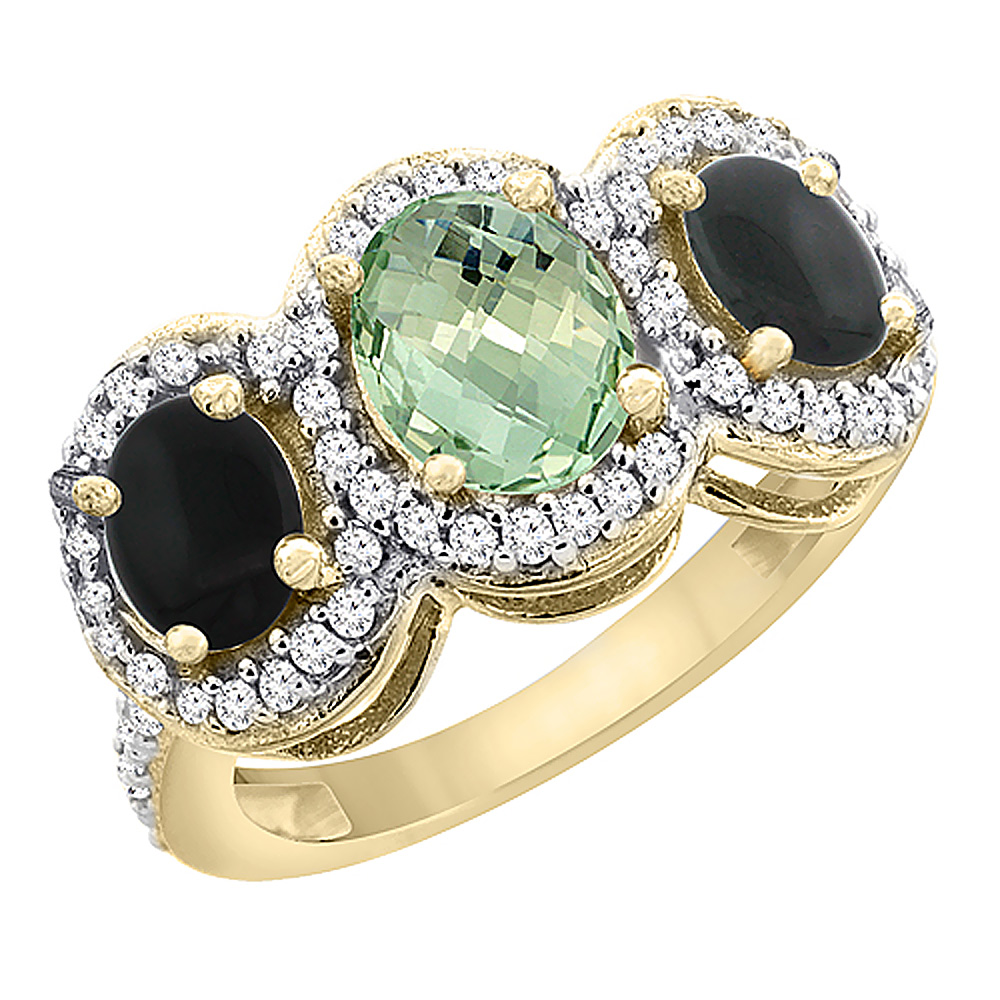 14K Yellow Gold Natural Green Amethyst & Black Onyx 3-Stone Ring Oval Diamond Accent, sizes 5 - 10