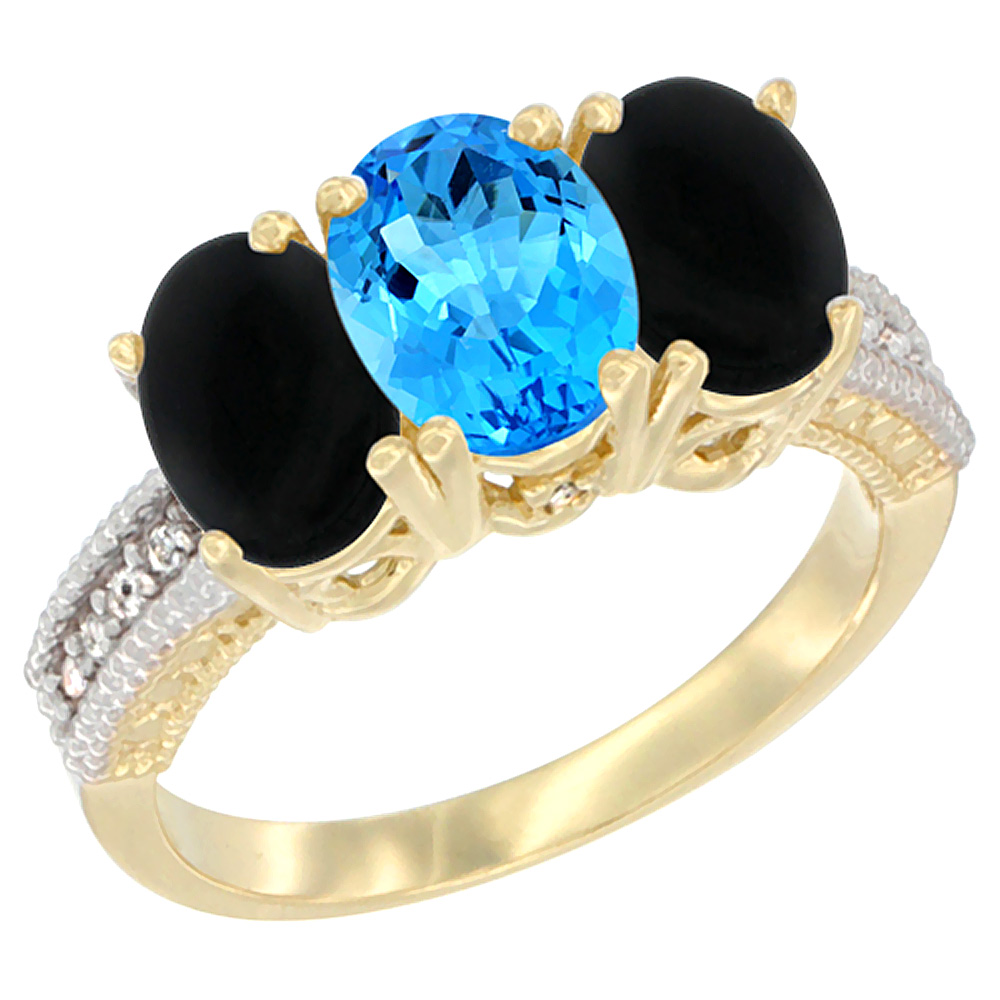 14K Yellow Gold Natural Swiss Blue Topaz &amp; Black Onyx Sides Ring 3-Stone 7x5 mm Oval Diamond Accent, sizes 5 - 10