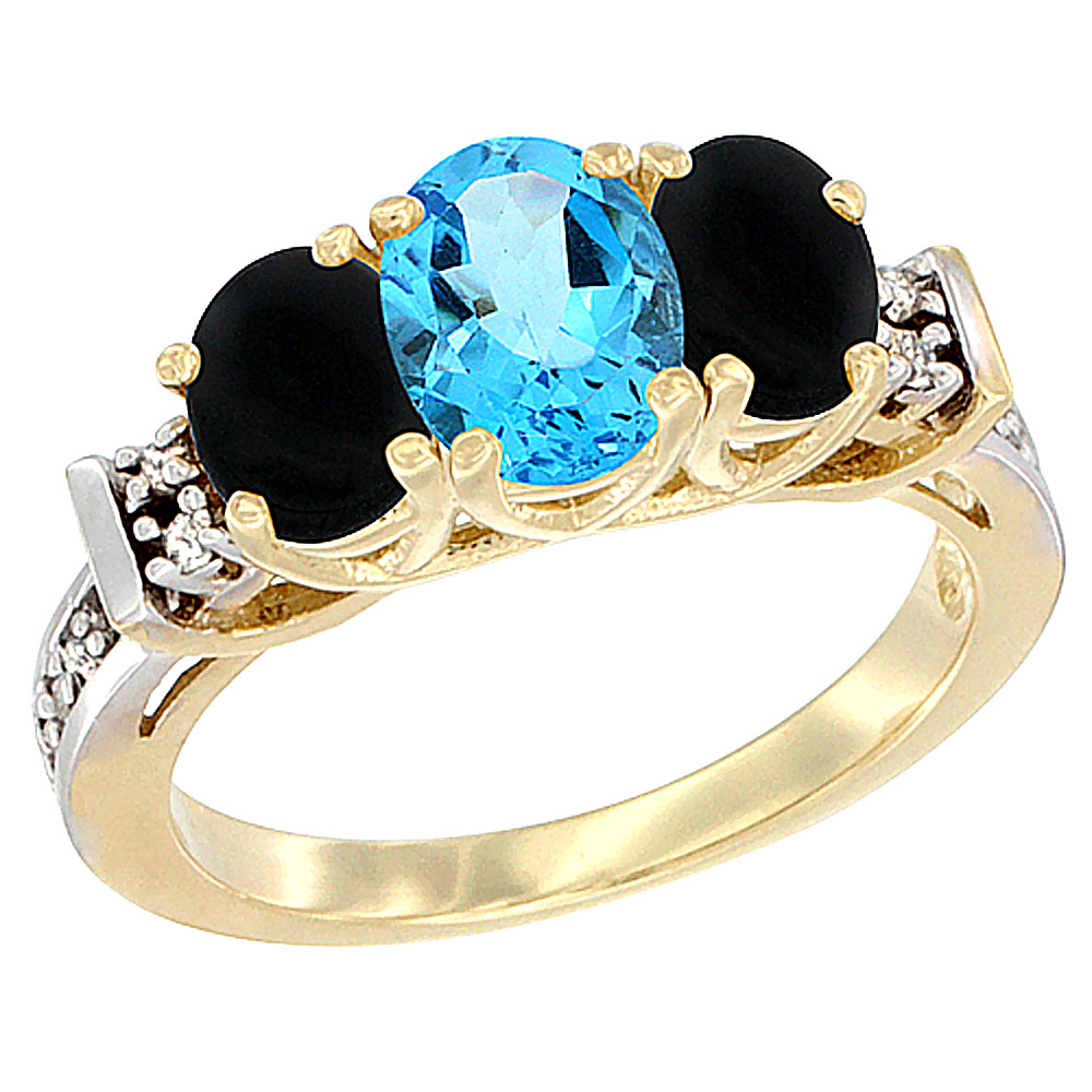 14K Yellow Gold Natural Swiss Blue Topaz &amp; Black Onyx Ring 3-Stone Oval Diamond Accent