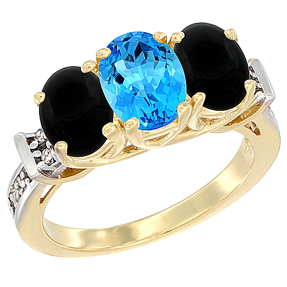 10K Yellow Gold Natural Swiss Blue Topaz & Black Onyx Sides Ring 3-Stone Oval Diamond Accent, sizes 5 - 10