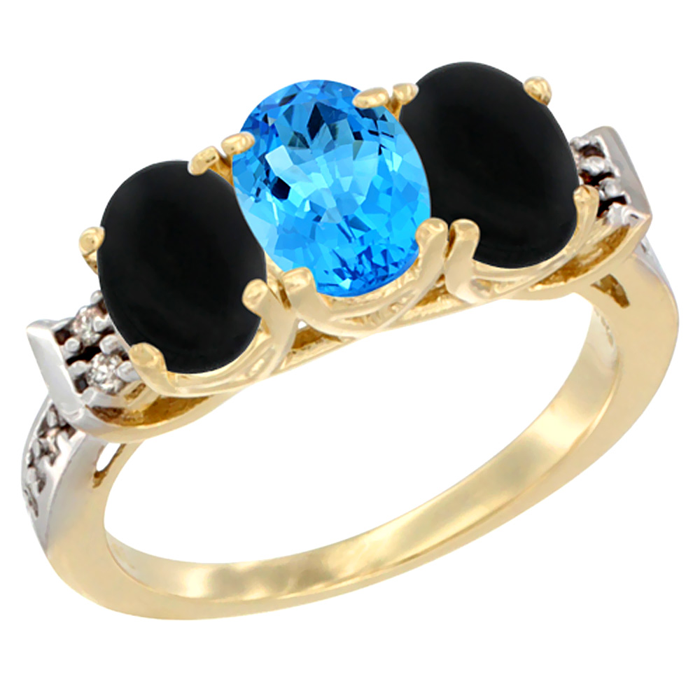 10K Yellow Gold Natural Swiss Blue Topaz & Black Onyx Sides Ring 3-Stone Oval 7x5 mm Diamond Accent, sizes 5 - 10
