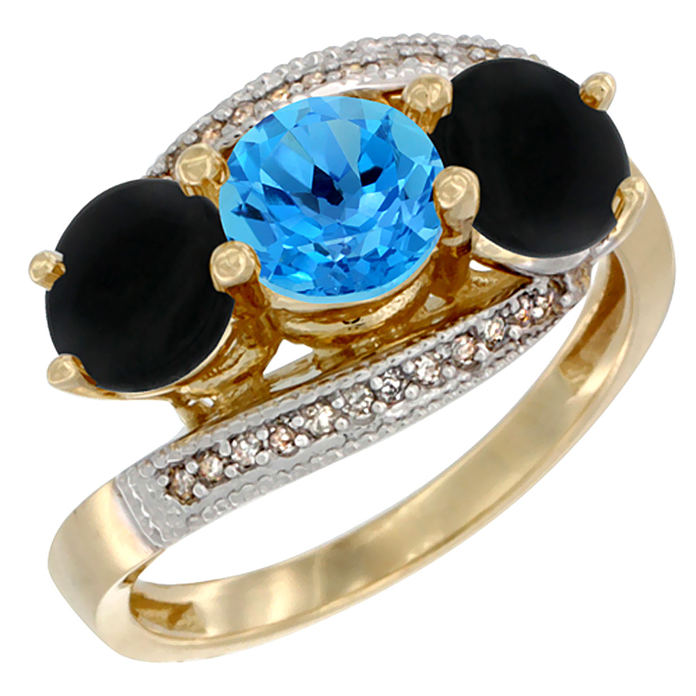 14K Yellow Gold Natural Swiss Blue Topaz &amp; Black Onyx Sides 3 stone Ring Round 6mm Diamond Accent, sizes 5 - 10