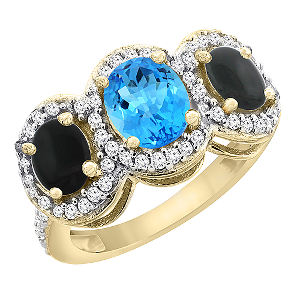 10K Yellow Gold Natural Swiss Blue Topaz &amp; Black Onyx 3-Stone Ring Oval Diamond Accent, sizes 5 - 10