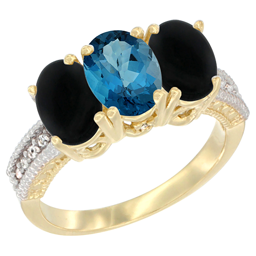 14K Yellow Gold Natural London Blue Topaz & Black Onyx Sides Ring 3-Stone 7x5 mm Oval Diamond Accent, sizes 5 - 10