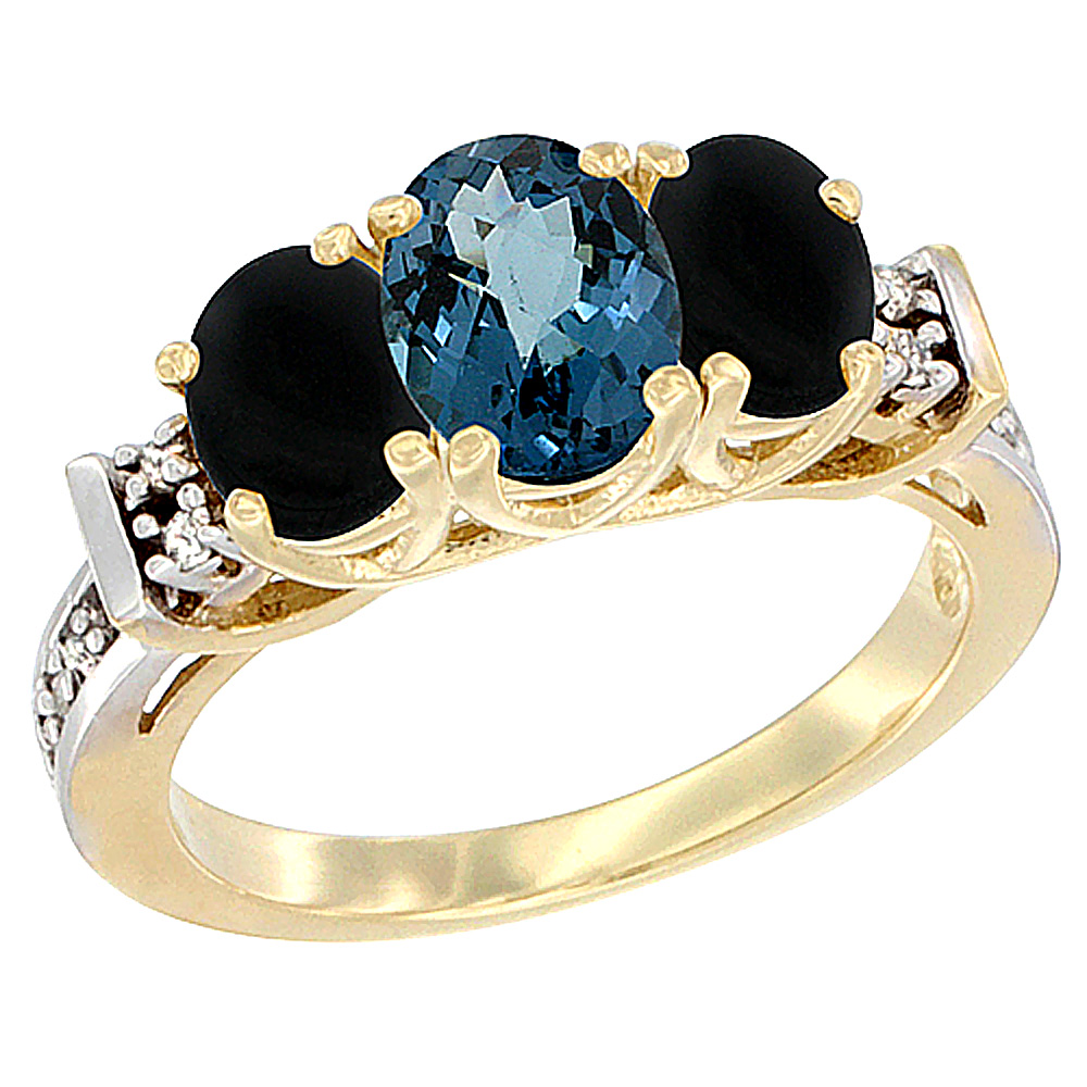 10K Yellow Gold Natural London Blue Topaz & Black Onyx Ring 3-Stone Oval Diamond Accent