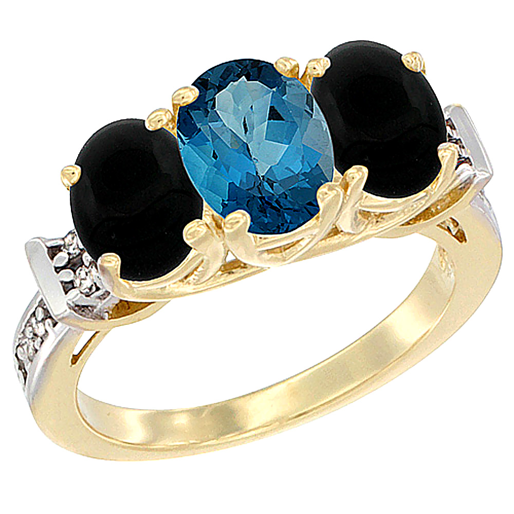 14K Yellow Gold Natural London Blue Topaz & Black Onyx Sides Ring 3-Stone Oval Diamond Accent, sizes 5 - 10