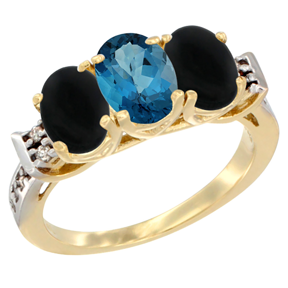 14K Yellow Gold Natural London Blue Topaz & Black Onyx Sides Ring 3-Stone Oval 7x5 mm Diamond Accent, sizes 5 - 10