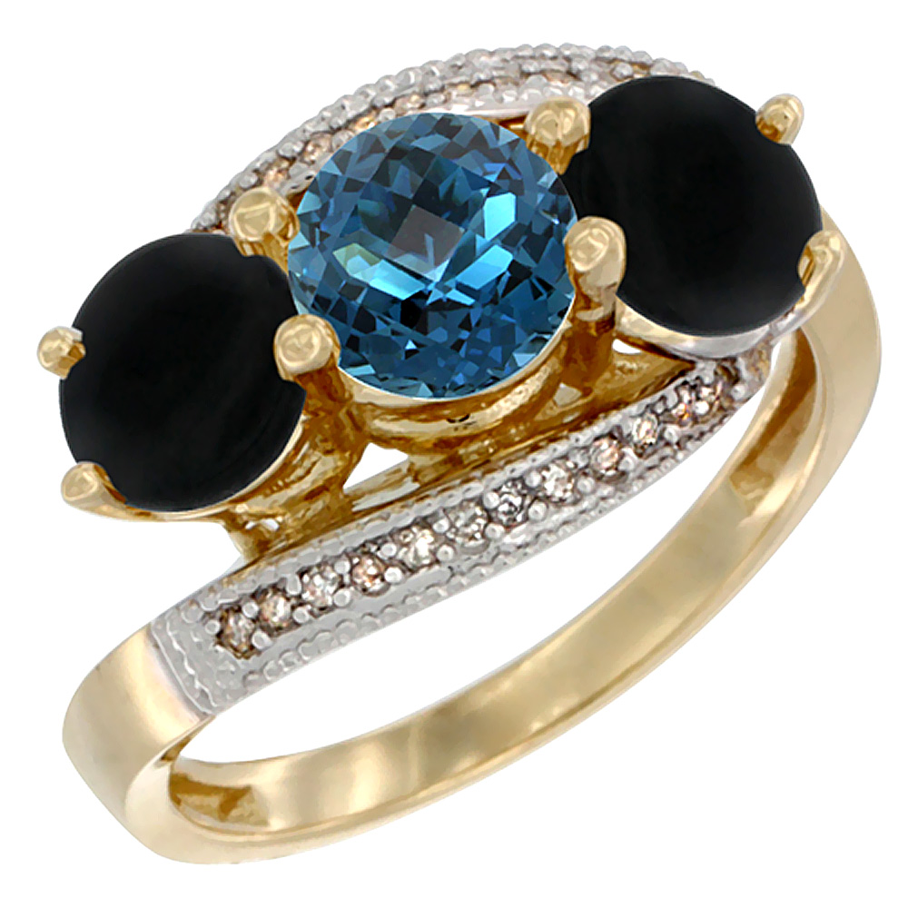 10K Yellow Gold Natural London Blue Topaz & Black Onyx Sides 3 stone Ring Round 6mm Diamond Accent, sizes 5 - 10