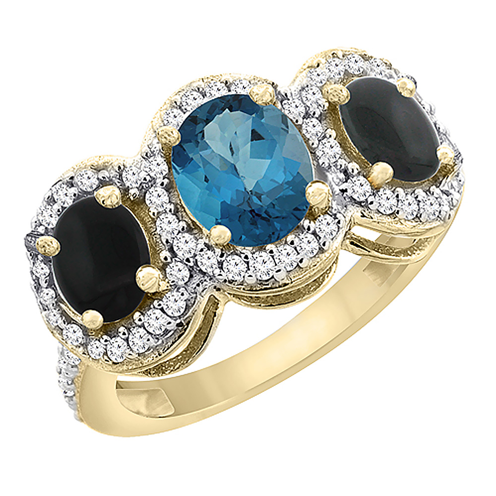 14K Yellow Gold Natural London Blue Topaz & Black Onyx 3-Stone Ring Oval Diamond Accent, sizes 5 - 10