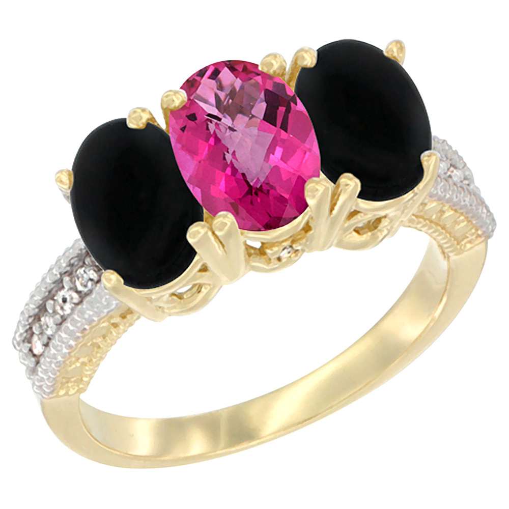 14K Yellow Gold Natural Pink Topaz & Black Onyx Sides Ring 3-Stone 7x5 mm Oval Diamond Accent, sizes 5 - 10