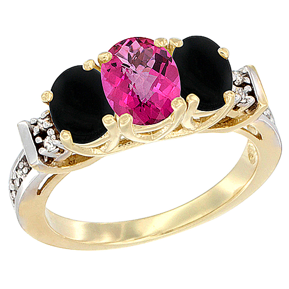 14K Yellow Gold Natural Pink Topaz &amp; Black Onyx Ring 3-Stone Oval Diamond Accent