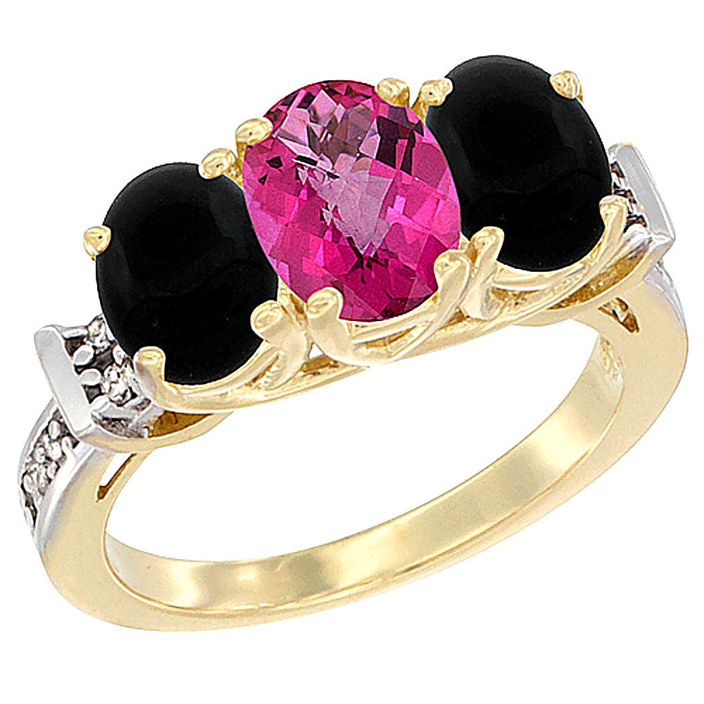 14K Yellow Gold Natural Pink Topaz & Black Onyx Sides Ring 3-Stone Oval Diamond Accent, sizes 5 - 10