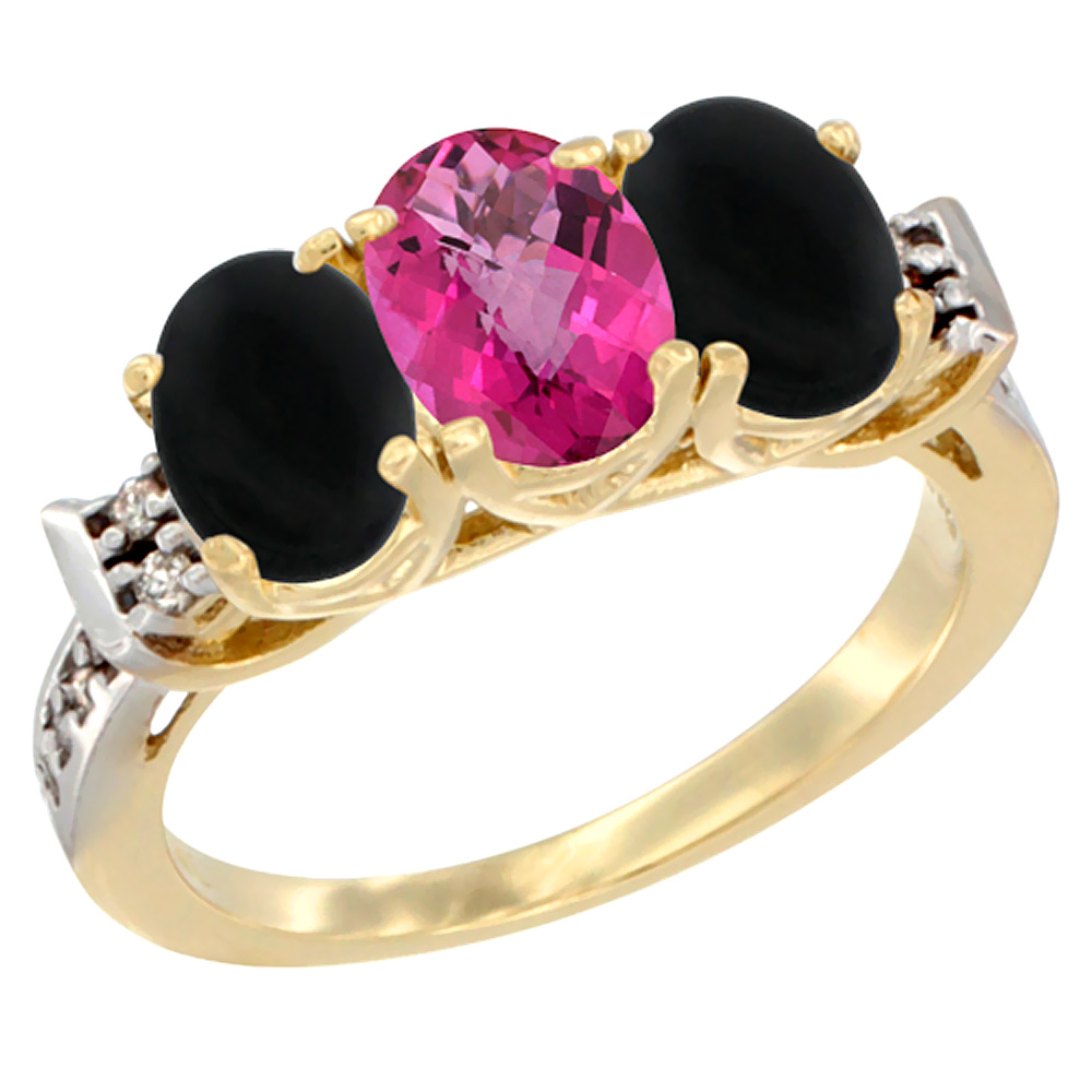 10K Yellow Gold Natural Pink Topaz & Black Onyx Sides Ring 3-Stone Oval 7x5 mm Diamond Accent, sizes 5 - 10