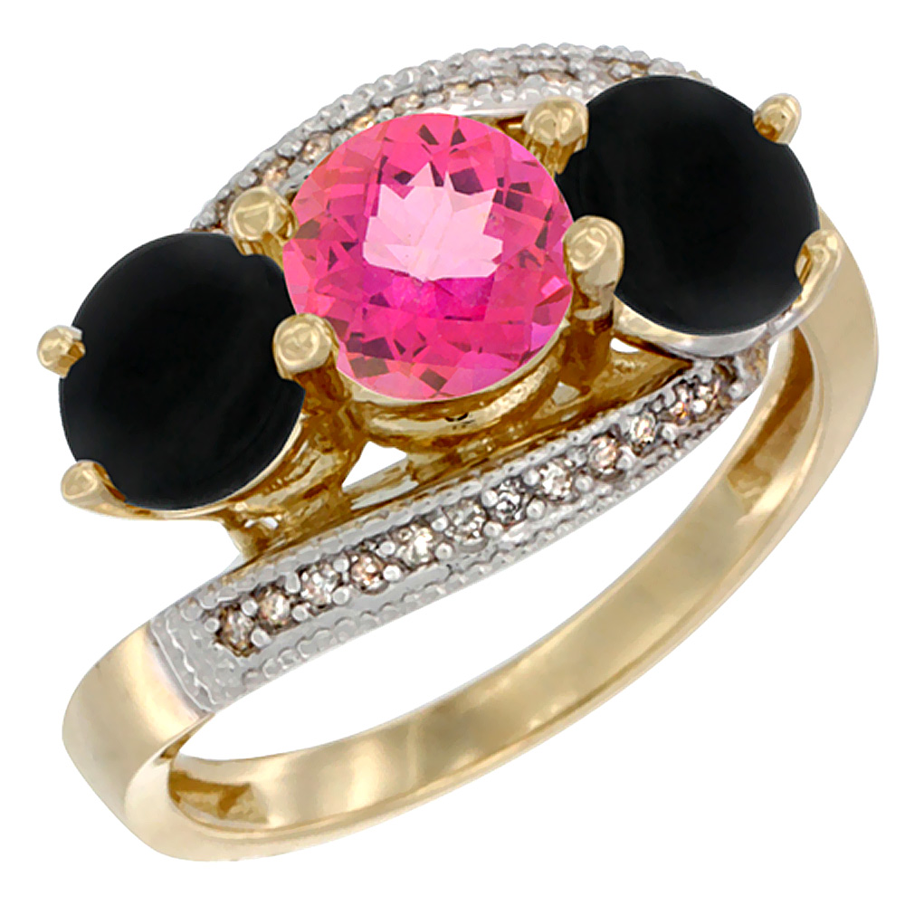 10K Yellow Gold Natural Pink Topaz &amp; Black Onyx Sides 3 stone Ring Round 6mm Diamond Accent, sizes 5 - 10