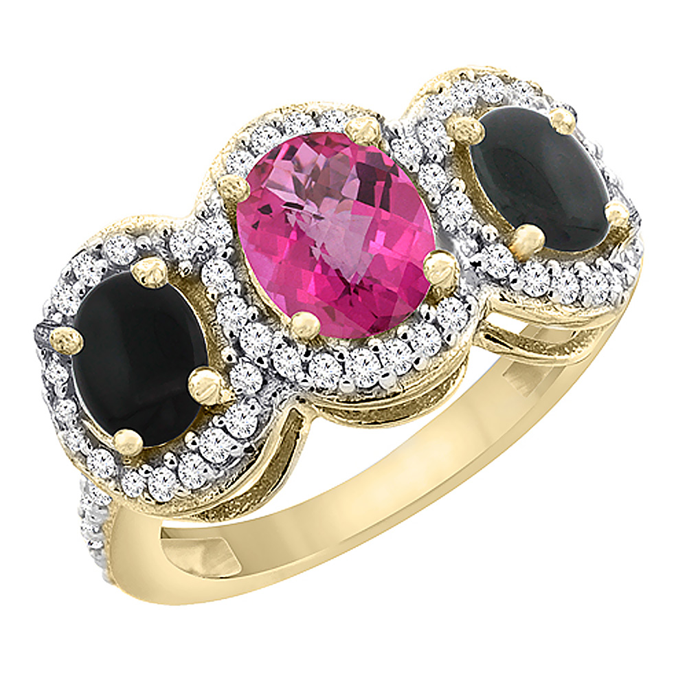 10K Yellow Gold Natural Pink Topaz & Black Onyx 3-Stone Ring Oval Diamond Accent, sizes 5 - 10