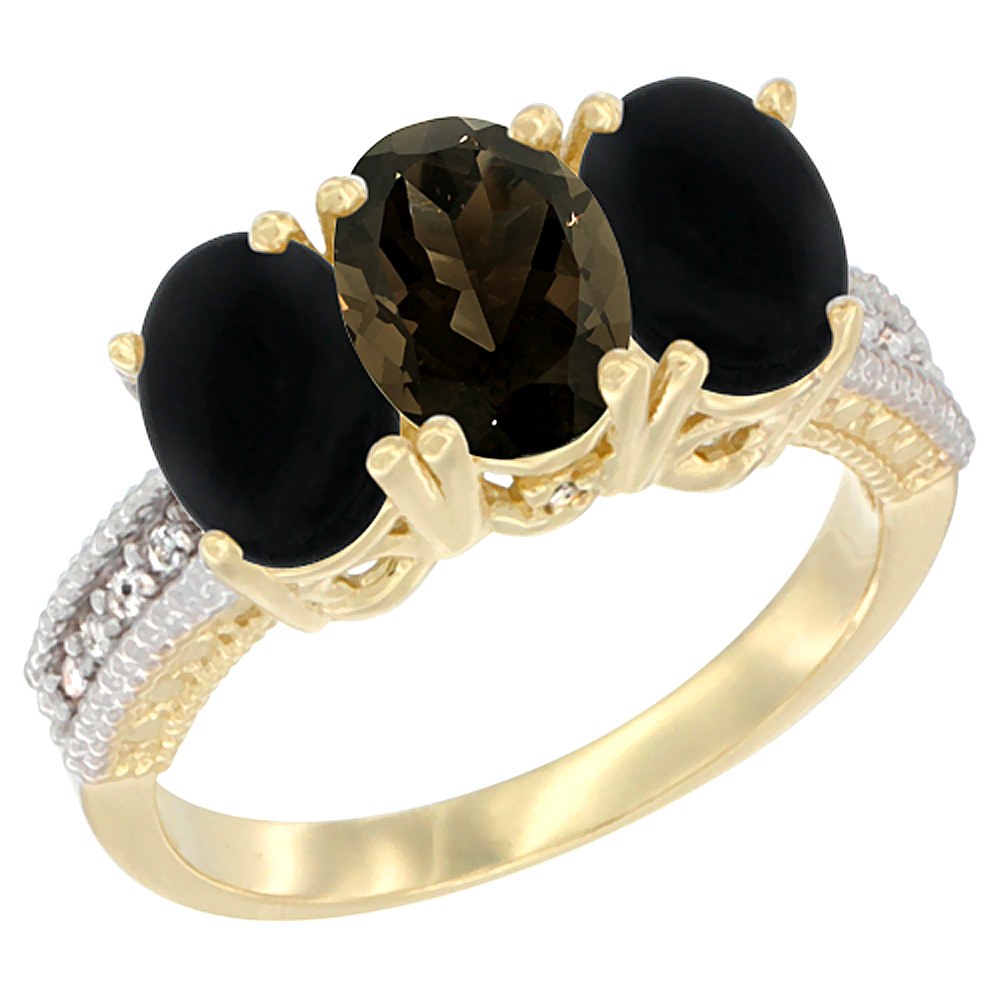 14K Yellow Gold Natural Smoky Topaz & Black Onyx Sides Ring 3-Stone 7x5 mm Oval Diamond Accent, sizes 5 - 10