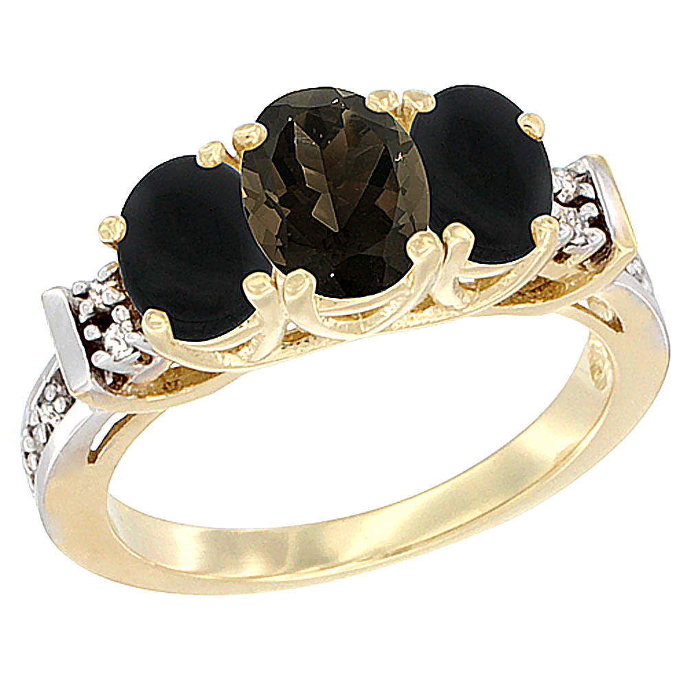 14K Yellow Gold Natural Smoky Topaz & Black Onyx Ring 3-Stone Oval Diamond Accent