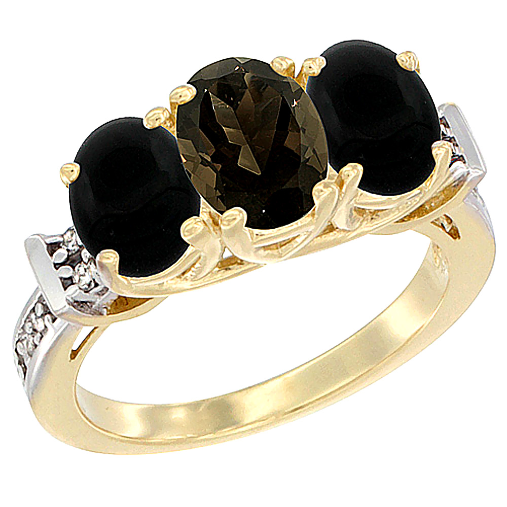 14K Yellow Gold Natural Smoky Topaz & Black Onyx Sides Ring 3-Stone Oval Diamond Accent, sizes 5 - 10