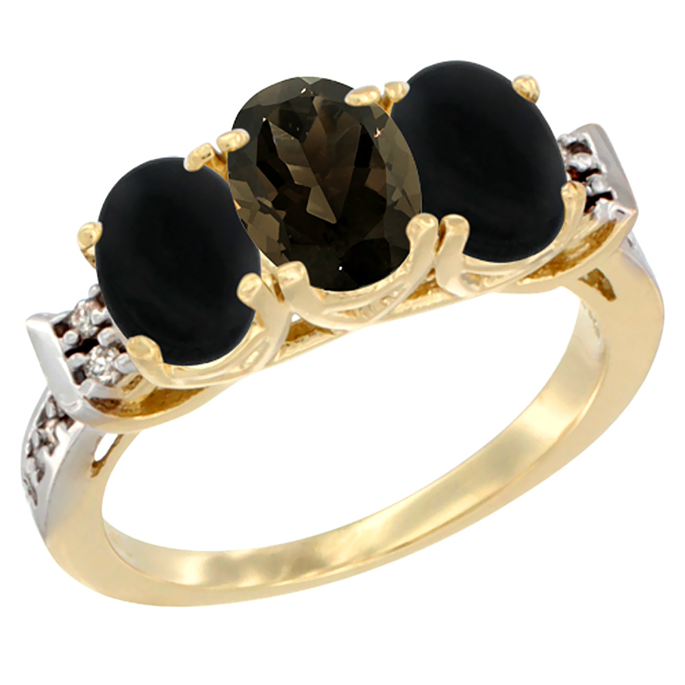 10K Yellow Gold Natural Smoky Topaz & Black Onyx Sides Ring 3-Stone Oval 7x5 mm Diamond Accent, sizes 5 - 10